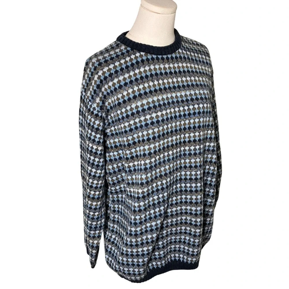 Geometric Knit Cotton Crewneck Sweater Alan Flusser Blue Brown Mens M